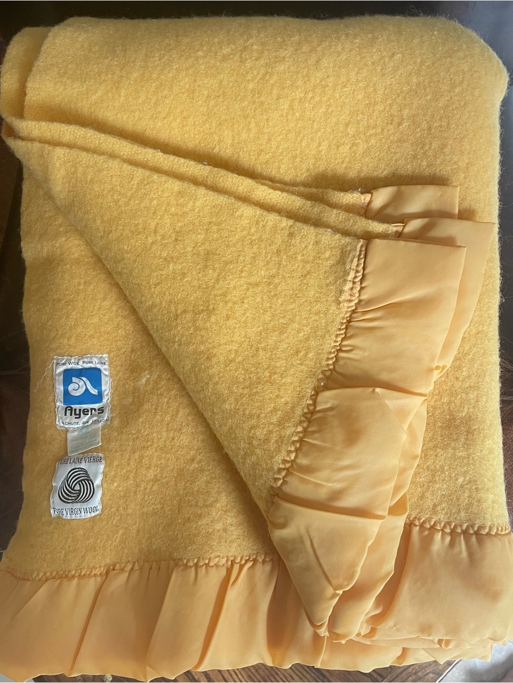 Vintage Ayers Pure Virgin Wool Blanket Yellow Satin Ruffle 58x80